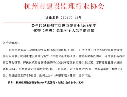 熱烈祝賀集團設(shè)計院及監(jiān)理公司榮獲杭州市“優(yōu)秀監(jiān)理企業(yè)”榮譽稱號